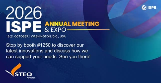 STEQ America exhibiting pharmaceutical manufacturing solutions at Booth 1250 during the 2026 ISPE Annual Meeting & Expo